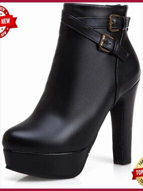Vegan Leather Studded Punk Ankle Boots Chunky Heel Block Heel